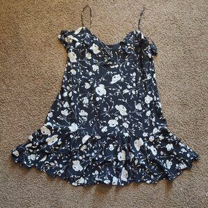 Lauren Ralph Lauren Black Floral  Slip Dress Ruffle Hem Spaghetti Strap Size 16